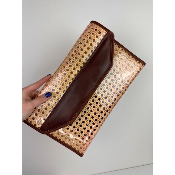 VINTAGE Raffia Rattan Leather Trim Woven Clutch Purse Handbag & Zip Pouch Bag - Picture 2 of 16